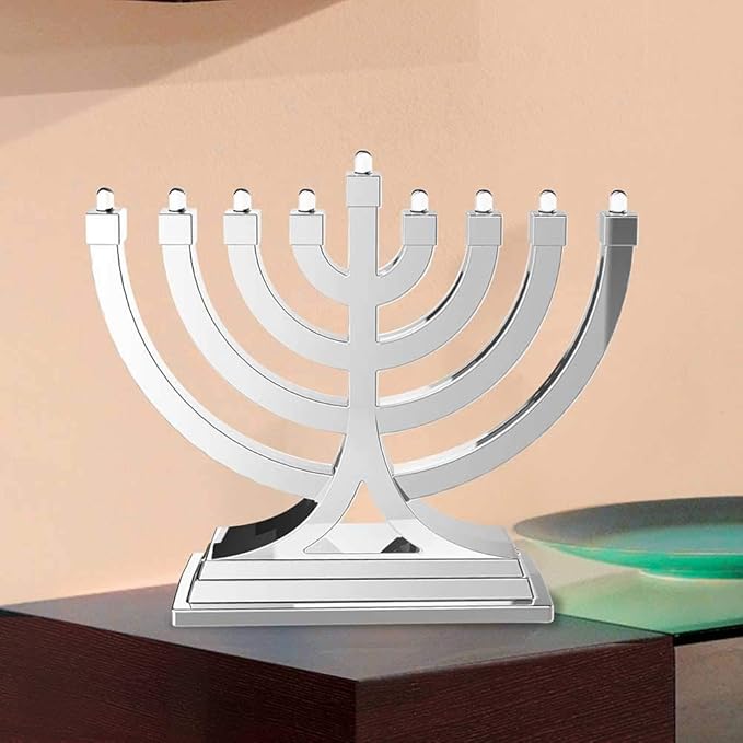 Mini Electric Menorah LED Battery or USB Powered - Push Button Multi Light Settings - Hanukkah Battery Operated Minorah Small Menorahs for Office Car Home Chanukah Decorations By Zion Judaica (Silver)