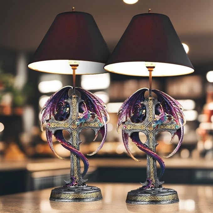 ICE ARMOR 2 Pack 24.5" Fantasy Collectible Dragon Statue Table Lamp Set Wrap Around Cross with Fabric Light Shade for Gothic and Medieval Décor (2PC-71793-Purple/Blue)