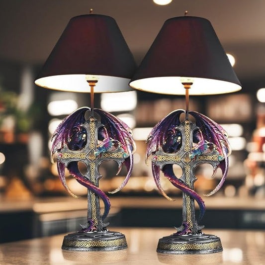 ICE ARMOR 2 Pack 24.5" Fantasy Collectible Dragon Statue Table Lamp Set Wrap Around Cross with Fabric Light Shade for Gothic and Medieval Décor (2PC-71793-Purple/Blue)
