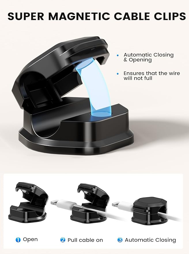 6 Pack Magnetic Cable Clips, Cable Holder Clips, Cable Smooth Adjustable Cord Organizer Holder, Strong Adhesive Wire Charger Holder for Desk, Office Supplies