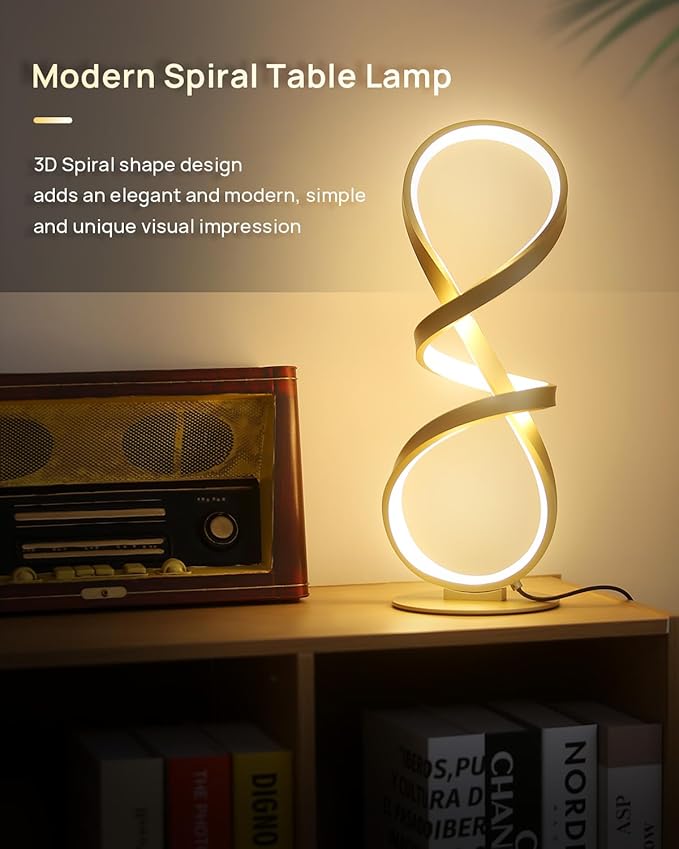 2 Pack Table Lamps, LED Touch Dimmable Spiral Desk Lamp, 3 Color Temperature Modern Nightstand Lamp, Unique Bedside Lamp for Living Room, Bedroom, Cool Lamps for Ideal Gift, Gold