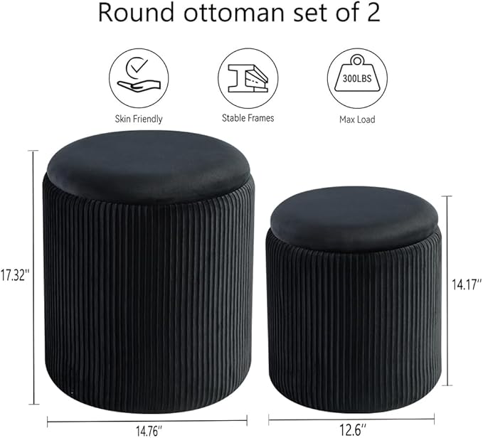 Round Set of 2 Ottoman with Storage-Upholstered Velvet Vanity Stool for Makeup Multifunctional Ottomans Coffee Table Padded Seat Foot Rest for Living Room&Bedroom (Black)