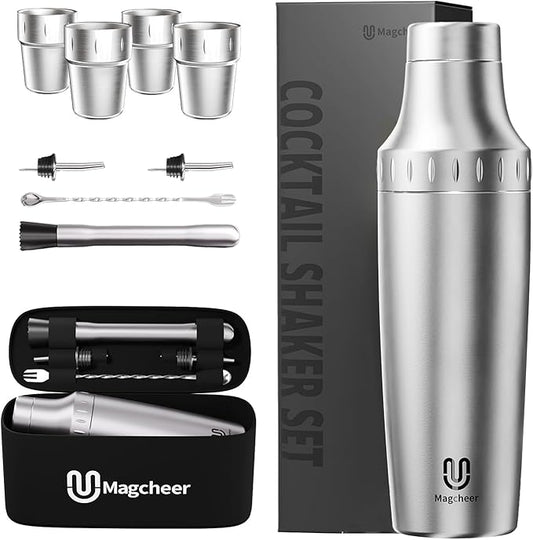 Hybrid Cocktail Shaker Set with Stackable Cups | Vacuum Insulated Stainless Steel Martini Shaker & Bartender Tools | Travel-Ready Kit | 30oz | Silver