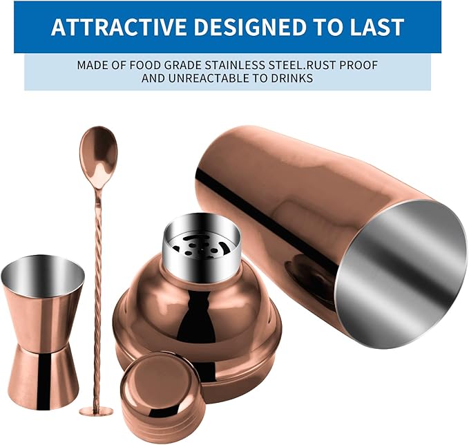 24oz Cocktail Shaker Bar Set, Martini Shaker with Built-In Strainer, Measuring Jigger, Mixing Spoon, Professional Stainless Steel Large Bartender Drink Shaker Margarita alcohol Mixer-Rose Gold