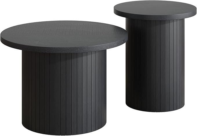 Nesting Coffee Table Set of 2, Mid Century Modern Round Coffee Table, Wood Slat Side Table Set for Living Room, Office, Balcony, Textured Black