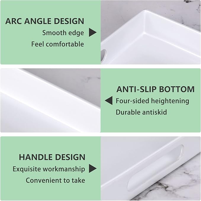 Serving Tray with Handles-10x15Inch White Melamine Modern Serving Platters,Serving Wine,Coffee,Breakfast/Kitchen Countertop Tray/Makeup Drawer Organizer/Vanity Table Tray/Decorative Tray