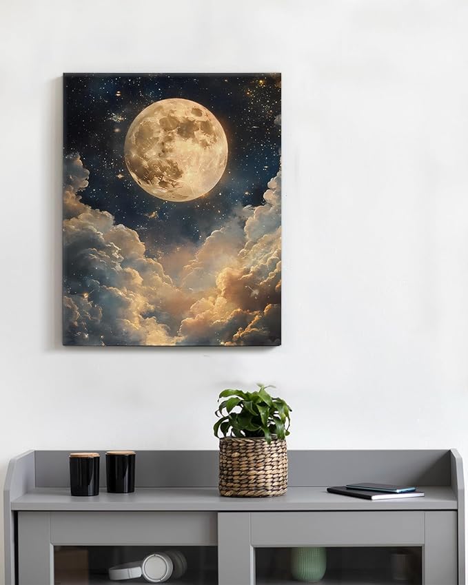 Aesthetic Celestial Moon Wall Art Decor Night Sky Moon Dark Academia Canvas Print Poster Framed Picture Painting for Home Living Room Bedroom Wall Decor 8x10 Inch