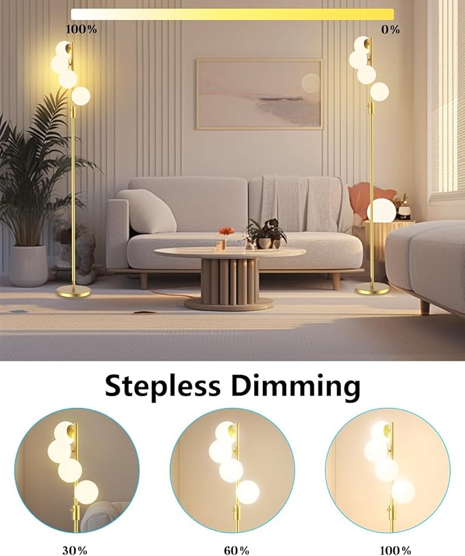 Lightdot 64IN Dimmable (Brightness Adjustable) Globe Floor Lamp, Gold Standing Lamps with 4PCS 3000K G9 Bulbs Soft Warm White Eye Care, Mid Century Modern Floor Lamp for Living Room