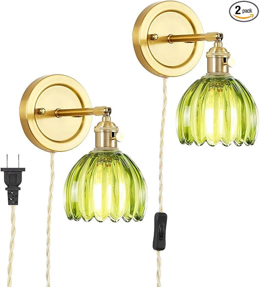 Plug in Vintage Wall Sconces Set of 2, 180 Degree Adjustable Brass Vanity Lights Fixture with Green Tulip Glass Lampshade, Modern Wall Lighting for Bedside Bedroom Bathroom