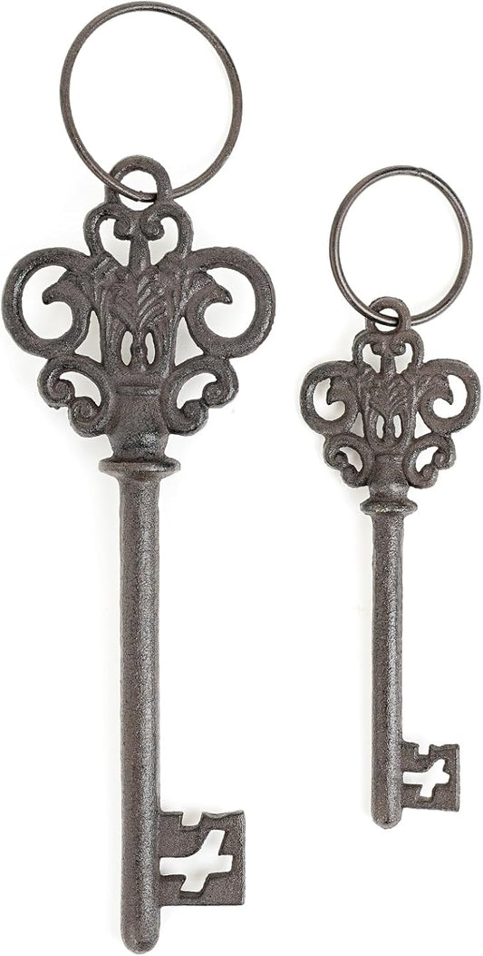 Sungmor Cast Iron Skeleton Keys, Set of 2 Large Old Fashioned, Decorative Wrought Iron Wall Art, Home Garden Farmhouse Halloween Decor, Rustic Brown