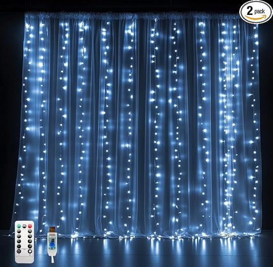 2 Pack Fairy Curtain Lights, 300 LED Upgraded Tangle-Free Hanging Lights with Remote, USB Plug in String Lights for Wall Window Wedding Party Xmas Home Décor - 9.8 x 9.8 Ft, Cool White