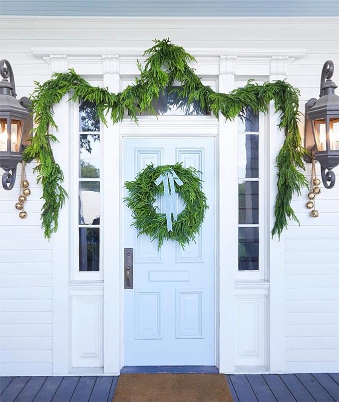 Faux Norfolk Pine Christmas Garland – Real Touch Greenery Artificial Cedar Christmas Garland for Fireplace Mantel, Staircase, Door Frame, Holiday Indoor Winter Décor (9FT-2Pack)