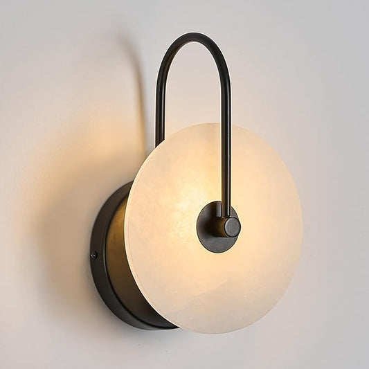 Round Alabaster Wall Sconce, Natural Marble Lampshade Wall Sconce, Hardwired Circular Sconce LED Modern Wall Lamp for Bedroom, Stairs, Living Room, Bedside, Hallway 7.84 Inch Black
