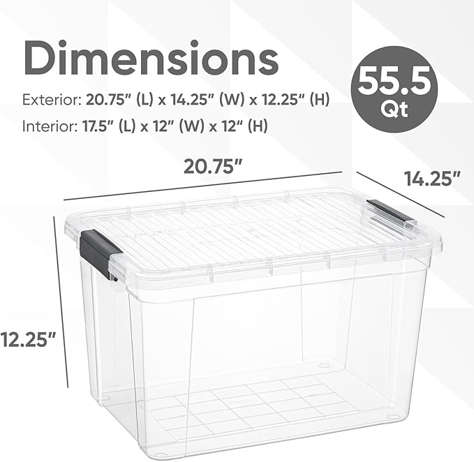 Superio Clear Storage Boxes with Lids, 49 Quart Plastic Container Bins for Organizing, Stackable Crates, BPA Free, Non Toxic, Odor Free, Organizers for Home, Office and Dorm, 3 Pack