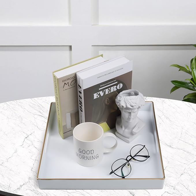 MAONAME 13"x13" Decorative Tray, White Serving Tray with Handles, Coffee Table Trays, Square Plastic Trays for Ottoman, Bathroom, Kitchen