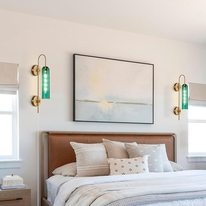 BOKT Modern Gold Plug in Wall Sconce Green Glass Bedside Wall Light Fixtures Plug in Cord Mid Century Long Metal Wall Sconce Single Bathroom Bar Wall Lamp (Green)