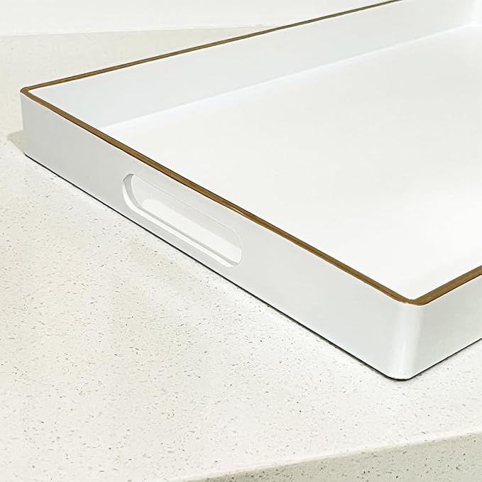 Large White Rectangular Decorative Tray – Plastic Serving Tray with Handles for Coffee Table, Ottoman, Living Room, 15.7” x 11.8” x 1.6