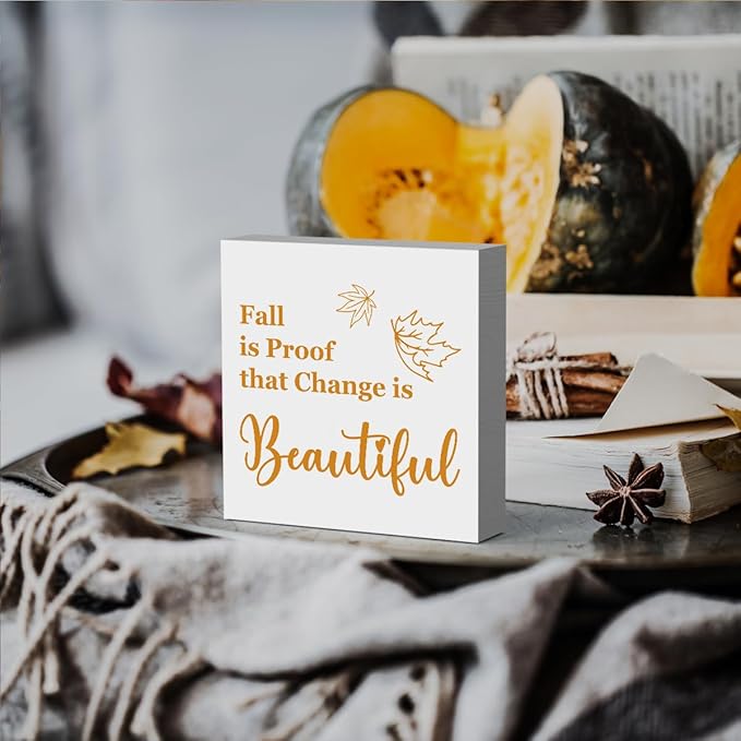 HTBIG Fall Is Proof That Change Is Beautiful Wooden Box logo for Home Fall Office Decor Rustic Wooden Shelf Desk House Room Indoor Desktop Decor 5 x 5 Inch