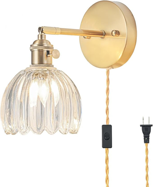 Plug in Wall Sconce, Vintage Sconce Light with Tulip Transparent Glass Lampshade, 180° Adjustable Wall Sconce with Switch and Plug in Wall Lamp Cord, Gold Wall Light for Bedroom Bedside