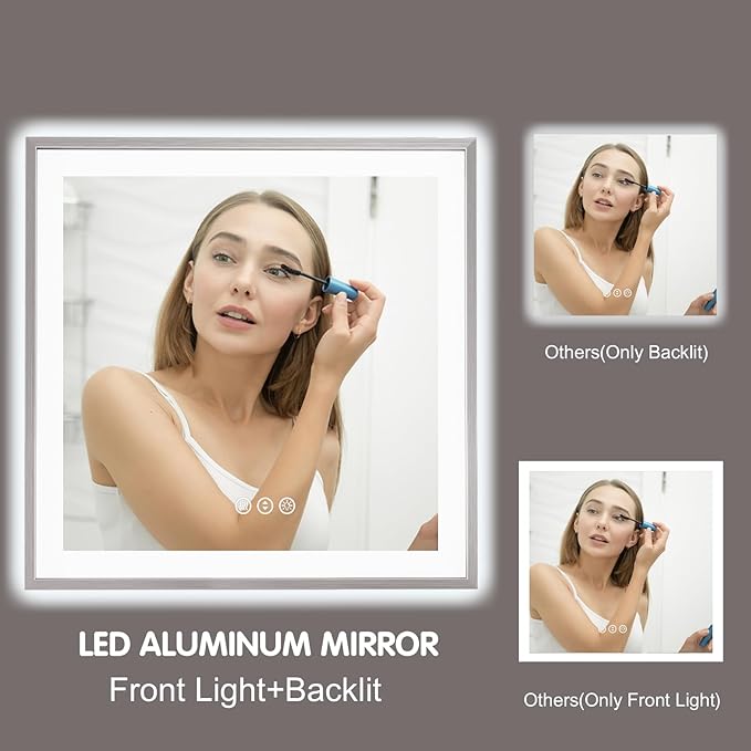 36x36 Silver LED Bathroom Mirror, Brushed Nickel Lighted Mirror for Wall, Stepless Dimmable Led Vanity Mirror with Front-lit and Backlit, Tempered Glass, Anti-Fog, Memory