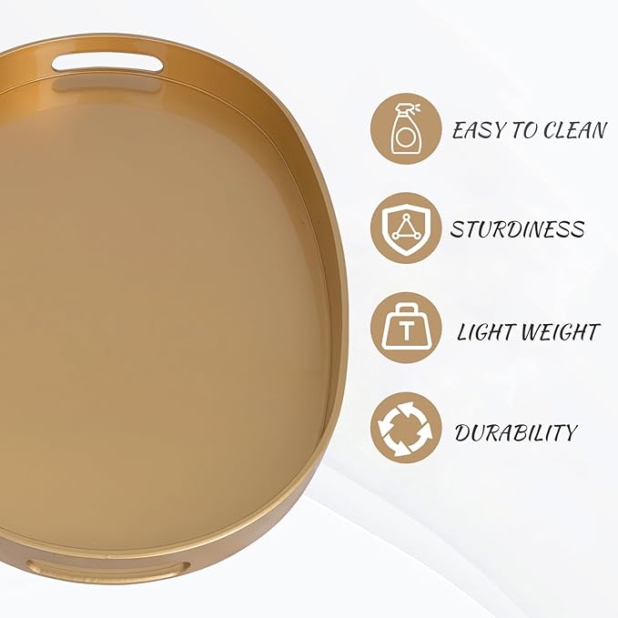 MAONAME Gold Decorative Tray, Oval Serving Tray with Handles, Plastic Trays for Coffee Table, Ottoman Trays for Living Room, Bathroom, 15.6" X 10.6" X 1.4"