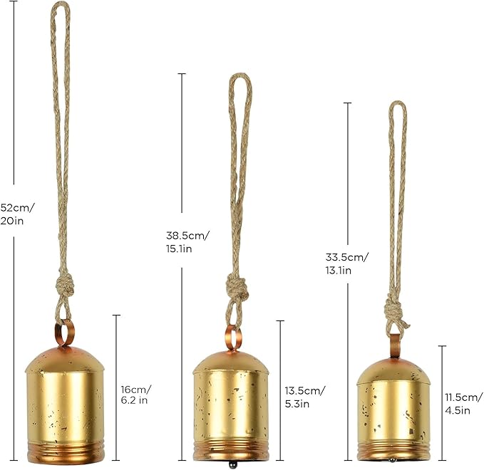 Styleonme Decorative Bells, Christmas Bells, Metal Indoor and Outdoor Blessing Bells, 3-Piece Set of Harmonious Bells, Vintage Handmade and Rustic Lucky Christmas Bells Hanging on a Rope