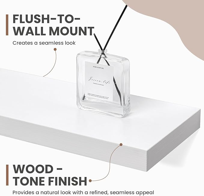 16 Inch Floating Shelves, 8 Inch Deep Floating Shelves for Wall, Hanging Shelf with Invisible Brackets, Deep Shelves for Bathroom, Bedroom, Living Room, White, Set of 2