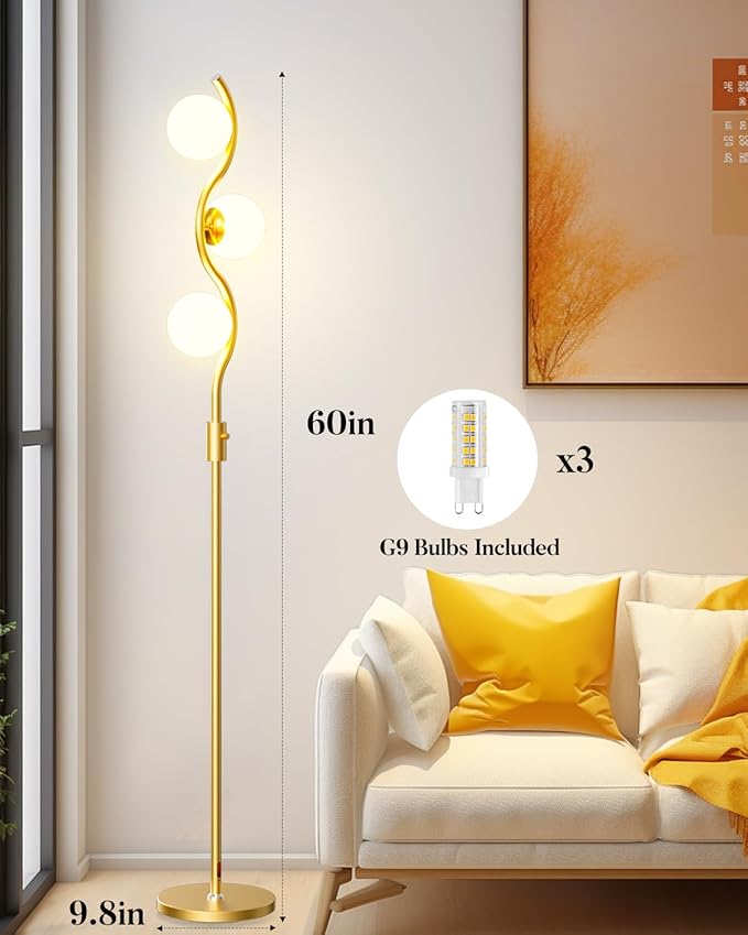 60IN Dimmable Gold Globe Floor Lamp, Modern Standing Lamps with 3 Soft Warm White 3000K Bulbs, Mid Century Floor Lamp for Living Room Bedroom Home Decor