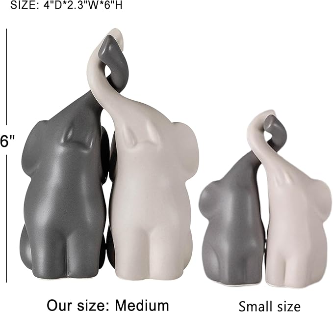 OwMell Set of 2 Loving Elephant Statue Figurine, 6" Elephant Ring Holder, Gifts for Couples Home Lucky Decor - Grey
