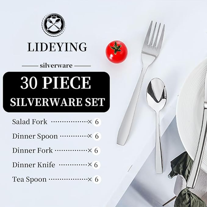 30 Piece Silverware Set,Stainless Steel Flatware Set for 6,18/0 Rust-Proof Cutlery Set with Forks & Spoons,Mirror Polished Dishwasher Safe - Heavy Duty Tableware for Home & Dining