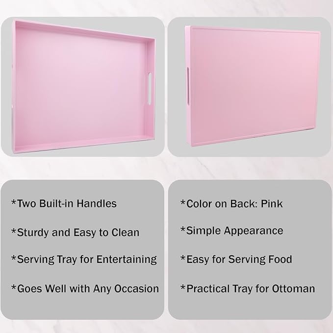 Pink Serving Tray for Coffee Table, Rectangular Plastic Decorative Tray with Handles for Entertaining, Outdoor Patio, Living Room, Ottoman, Bathroom Counter, 11.8”*15.7”*1.6”
