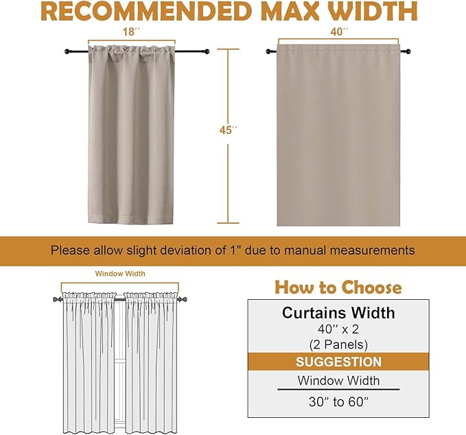 Aiyufeng Stone Short Blackout Curtains for Bedroom 45 Inches Long 2 Panels Set, Solid Thermal Insulated, Energy Saving Window Treatment Curtains Blackout Drapes, W40 x L45 Inch, Stone