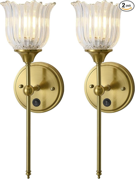 Modern Wall Sconces Set of 2 with Clear Flower Glass Shade, Mid Century Bathroom Vanity Wall Light Fixtures Gold Vintage Wall Lights with Switch for Mirror Bedroom Living Room