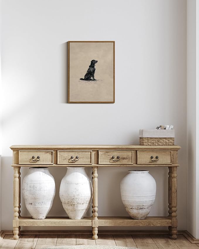 VIYYIEA Vintage Framed Black Dog Wall Art, Bedroom Living Room Minimalist Animal Art Decor, Antique Dog Canvas Print Paintings, Home Farmhouse Retro Still Life Decor, 12x16 Inch