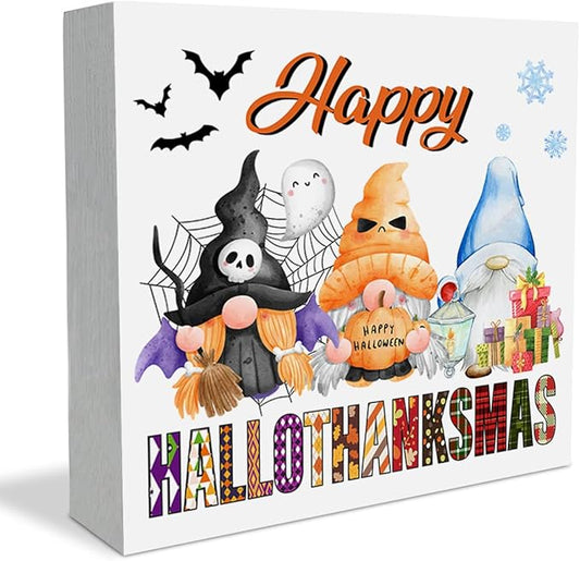 Halloween Thanksgiving Christmas Decor Happy Hallothanksmas Gnomes Wooden Box Sign for Home Bedroom Shelf Desk