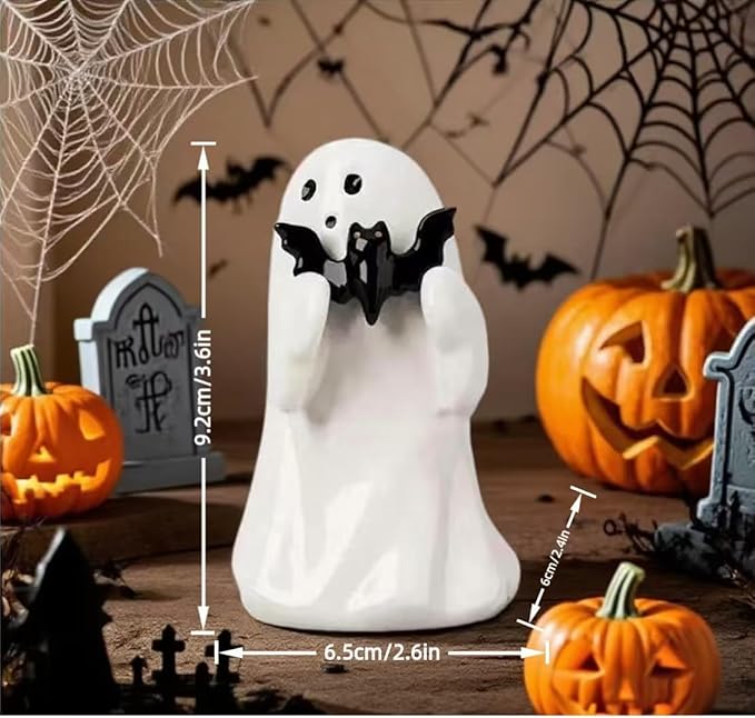Halloween Ghost Figurine with Black Bat, Funny Ghost Decor, Ghost Statue Halloween Decor, Cute Decorations for Home Table Fireplace,Party Decorations, Small Gifts