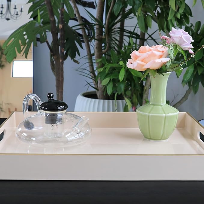 Cream Sturdy Acrylic Serving Tray with Handles-15.7x11.8Inch, Morden Plastic Rectangular Serving Tray for Coffee Table Bathroom, Ottoman, Home Decor
