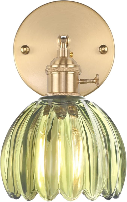 Vintage Wall Sconces with Cute Green Tulip Glass Lampshade 180 Degree Adjustable Brass Sconces Hradwired Modern Wall Lighting Fixture with Switch for Bedside Bedroom Doorway