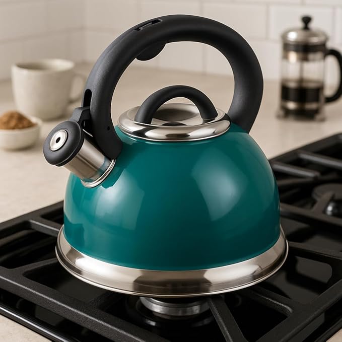 3.0 QT Stainless Steel Whistling Tea Kettle – Quick Boil Encapsulated Base, Cool-Touch Handle, Loud Whistle, Stovetop Safe – Aqua Blue