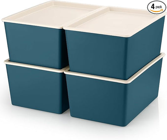 Menkxi 4 Pcs Storage Bins with Lids Plastic Containers Stackable Storage Box Baskets for Organizing Shelves(Blue,Large)
