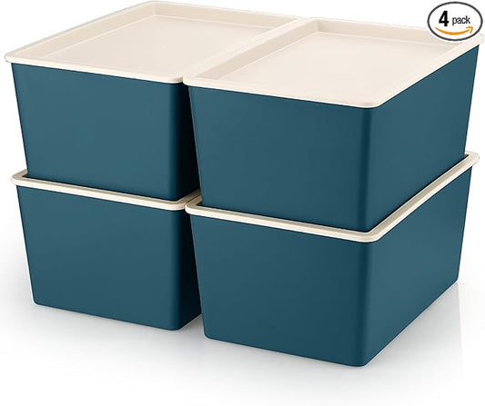 Menkxi 4 Pcs Storage Bins with Lids Plastic Containers Stackable Storage Box Baskets for Organizing Shelves(Blue,Small)