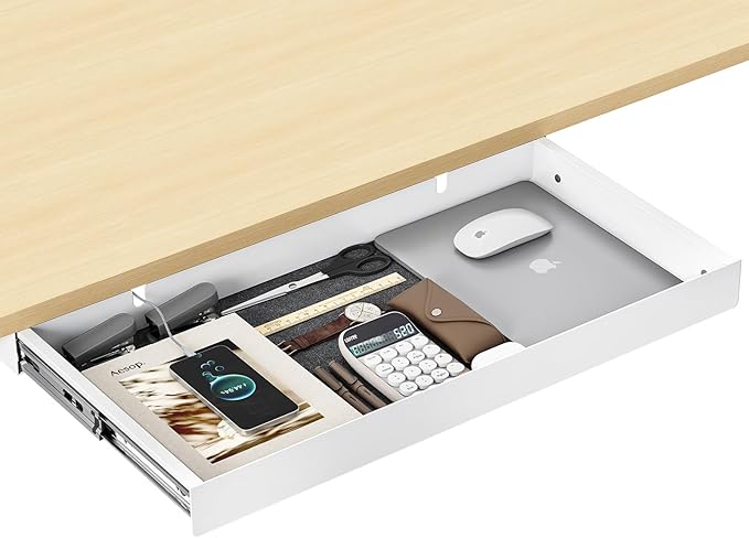 20.1 inch Under Desk Drawer, Pull-Out Storage Organizer with Full Extension Ball-Bearing Slides, Carbon Steel Undermount Drawer for Home Office Standing Desk