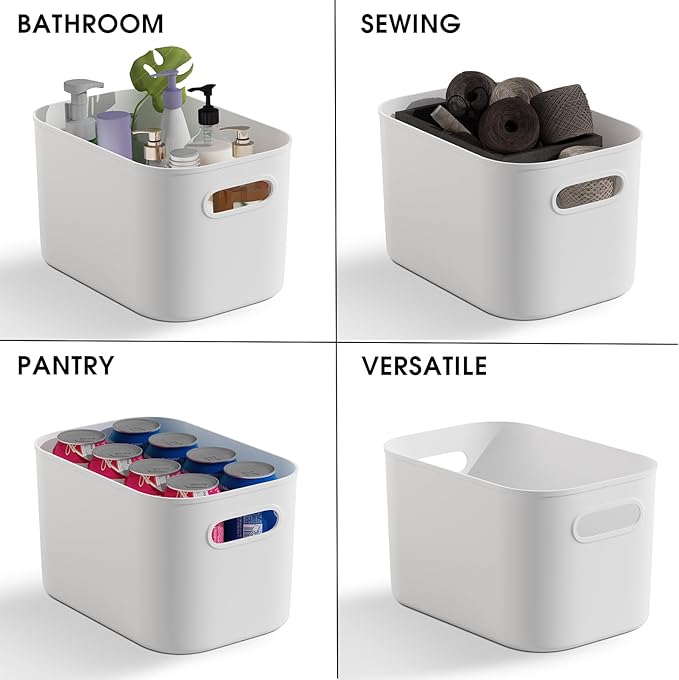 12 Pack White Plastic Storage Bins, Storage Container for Organizing, Storage Boxes with Handle for Shelves, Cute Organizer Bins for Craft, Snacks, Pantry, Cabinet, 9.69x6.7x5.7 inch