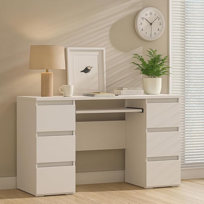 47'' Computer Desk with 6 Drawers and Keyboard Shelf, Modern Wood Writing Desk with Storage for Home Office, Bedroom, Gaming, Study, or Vanity Table – White