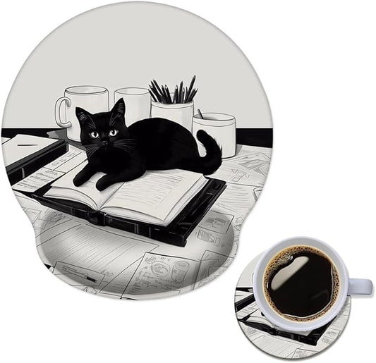 Mouse Pad with Wrist Support, Ergonomic Mouse Pad with Memory Foam Wrist Rest Cushion, Non-Slip Rubber Base Gaming Mice Pad for Home Office Computer Laptop,Black and White Cat