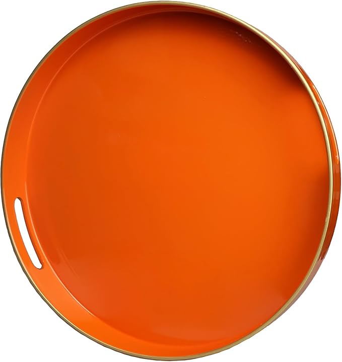 Orange Round Decorative Tray with Handles, 13" Elegant Coffee Table Serving Tray for Ottoman Living Room, Bathroom, Outdoors, Breakfast