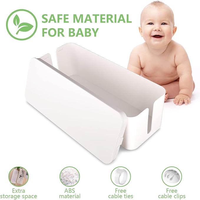 Cable Management Box, Large Cord Organizer Box to Hide Power Strip & Under Desk,TV Computer Wires Cable Organizer Hider Box with Cable Clips&Reusable Cable Ties for Home/Office(White)