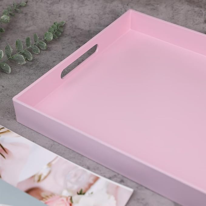Pink Serving Tray for Coffee Table, Rectangular Plastic Decorative Tray with Handles for Entertaining, Outdoor Patio, Living Room, Ottoman, Bathroom Counter, 11.8”*15.7”*1.6”
