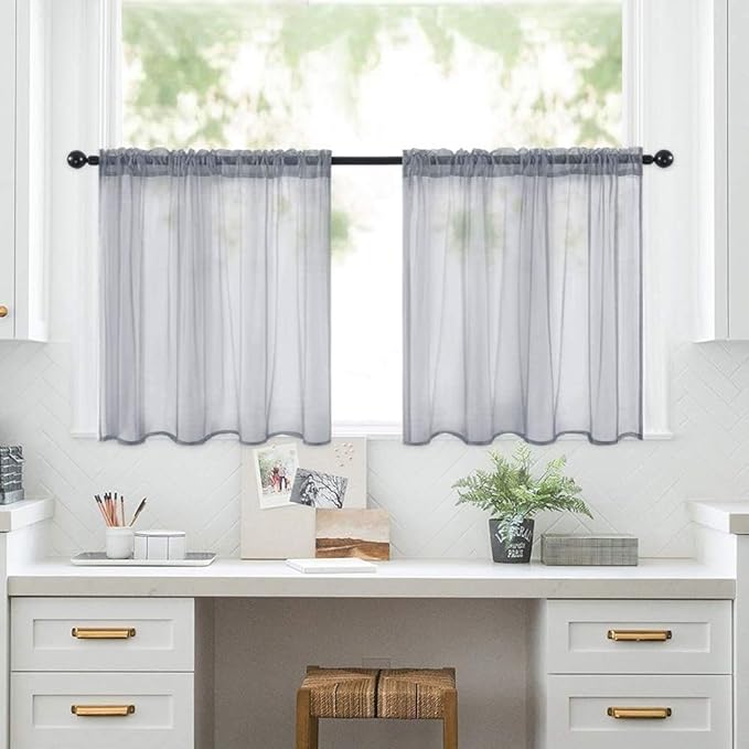 MIULEE 2 Panels Kitchen Tiers Half Window Sheer Curtains Rod Pocket Translucent Voile Drapes for Kitchen Bathroom Small Windows 29 by 36 Inch Dark Grey