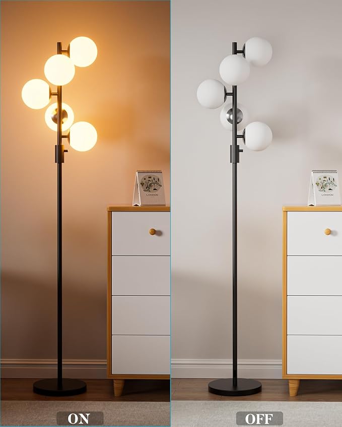 64IN Dimmable Black Floor Lamp, Tall Standing Lamps with 5 Globe Soft Warm White Eye Care 3000K G9 Bulbs, Mid Century Modern Floor Lamp for Living Room Bedroom Office